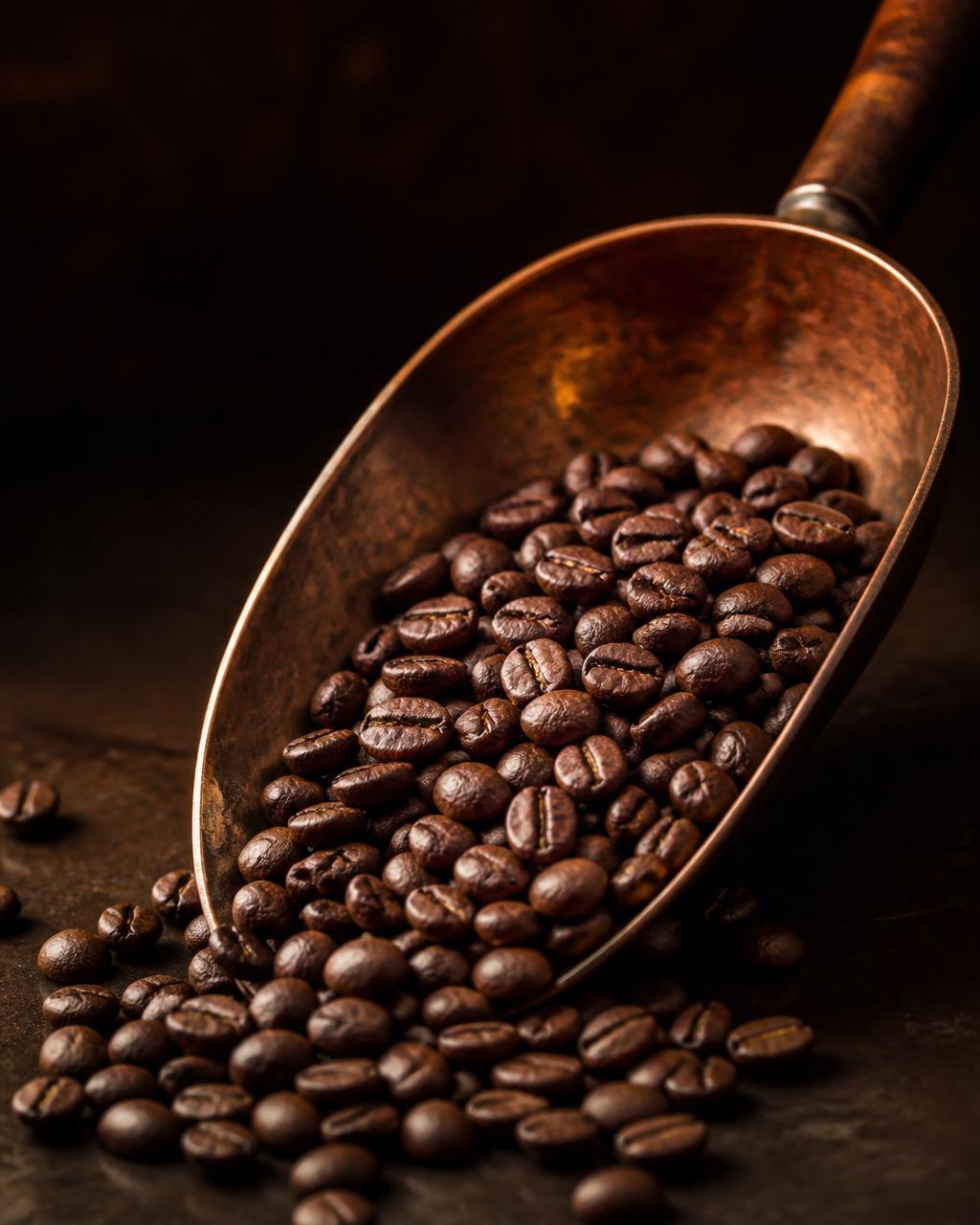 Freshly roasted coffee beans in a copper scoop