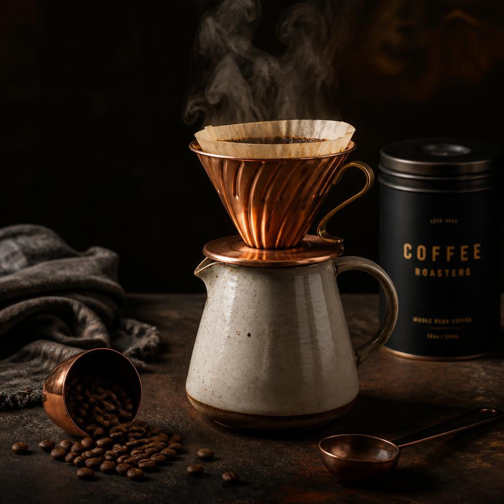 Copper V60 pour-over with steam rising