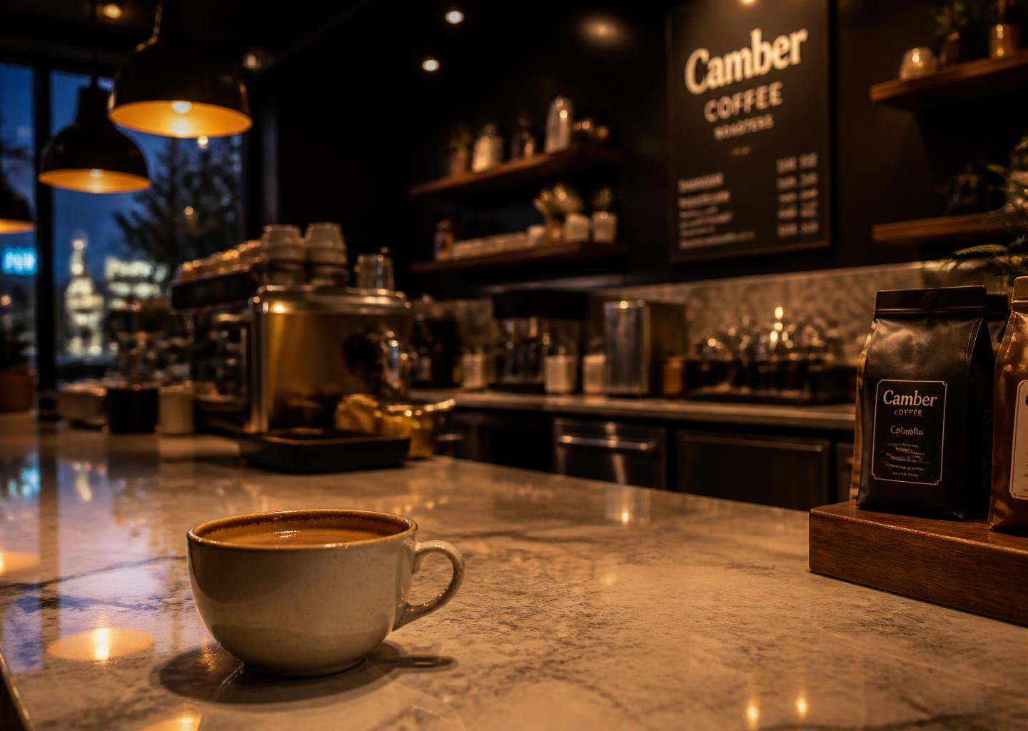 Warm Meridian Roast counter at dusk